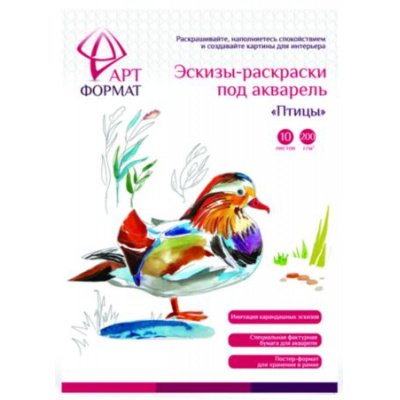 Большое фото товара - Раскраска-эскиз А4 10л. "ПТИЦЫ" акварельная бумага, 200 гр, в папке AF13-043-07 ARTформат, 12-109467. Вариант №1