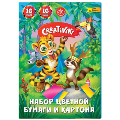 Большое фото товара - Набор цветного картона (16л)+цветная бумага (16л) в папке НЦКБ16Л16Ц16ЛКР Creativiki, 12-111607. Вариант №1