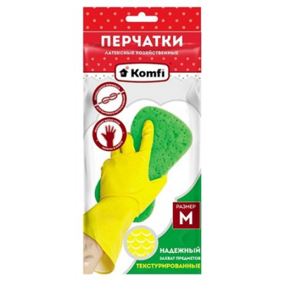 Большое фото товара - Перчатки хозяйственные латексные "Для деликатной уборки"с х/б напылением M желтые DGL017L Komfi, 12-136141. Вариант №1