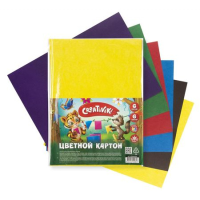 Большое фото товара - Набор цветного картона А4  6л 6цв 190 г/м2 КЦ6Л6ЦПКР Creativiki, 12-200599. Вариант №1