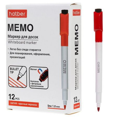 Большое фото товара - Маркер для магнитной доски закругленный на магните со стирателем 1мм "Мемо" красный (087374) Хатбер, 12-202052. Вариант №1