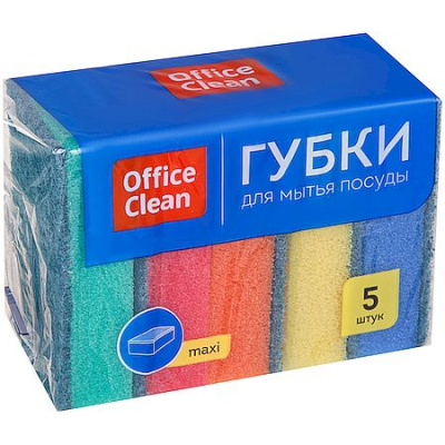 Большое фото товара - Губки для посуды "МАКСИ" 5 шт 90х65х27 мм поролон с абразивным слоем 248977 OfficeClean, 12-207879. Вариант №1