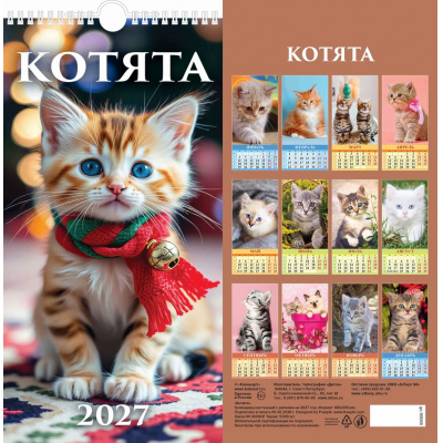 Большое фото товара - КалендарьНастенный 2027 Котята (165*320, с ригелем, на спирали, перекидной) 0627003, (Дитон,Каленарт), 13-1019198. Вариант №1