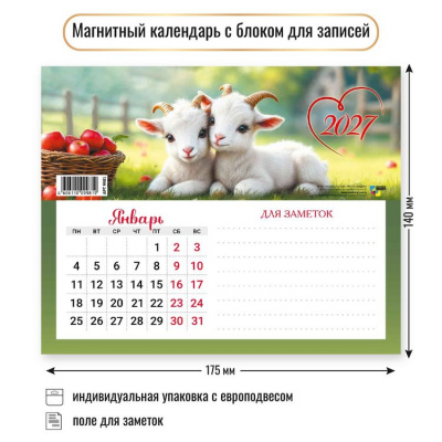 Большое фото товара - КалендарьНаМагните 2027 Год козы (Символ года) (140*175, отрывной, с блоком для записей) 9981, (Квадра), 13-1022990. Вариант №1