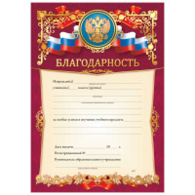 Большое фото товара - 3301 Благодарность (А4, текст, фольга, герб, флаг), (Квадра), 13-710027. Вариант №1