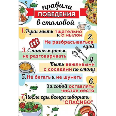 Большое фото товара - 3001503 Плакат "Правила поведения в столовой" (29,5*43, текст), (Праздник), 13-921598. Вариант №1