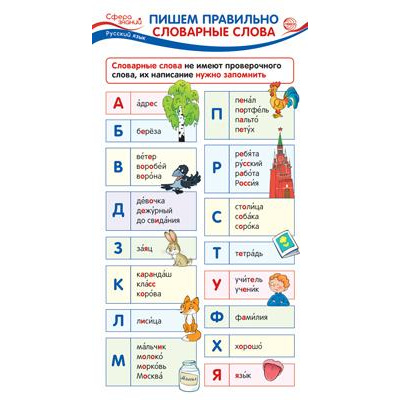 Большое фото товара - Карточка-шпаргалка. Русский язык. Пишем правильно словарные слова (110*205) (ШМ-014854), (Сфера, 2022), Л, 13-950275. Вариант №1