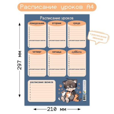 Большое фото товара - 8593 Расписание школьное (А4), (Квадра), 13-975021. Вариант №1