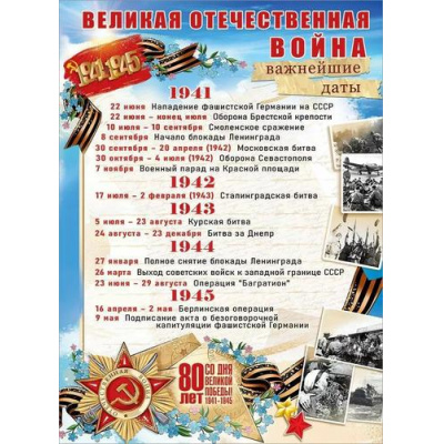 Большое фото товара - 50000284 Плакат "Великая Отечественная война. Важнейшие даты" (600*440мм, георгиевская лента, текст), (Праздник), 13-989121. Вариант №1
