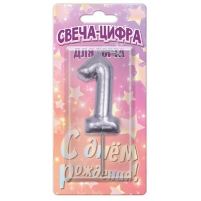 Большое фото товара - Свеча в торт "С Днем рождения" (8см, на шпажке, серебро металлик) цифра "1" CC-129113-HB, (ООО "Свечной маркет"), 13-996113. Вариант №1